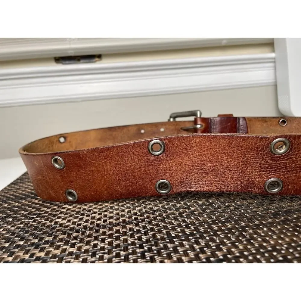 American Eagle Brown Leather Belt Wide 2 Prong Rustic Western Silver Buckle Lrge